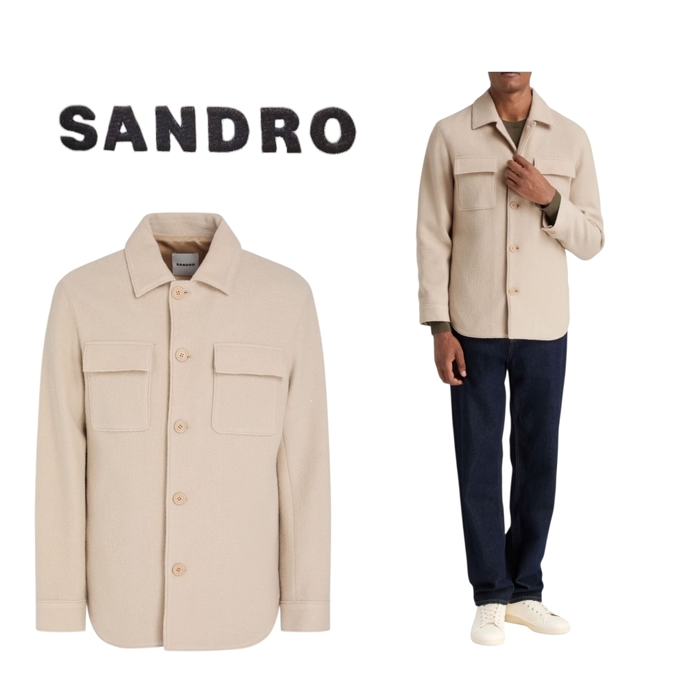 Men's SANDRO Wool-bouclé Light Tan Shirt Jacket Overshirt